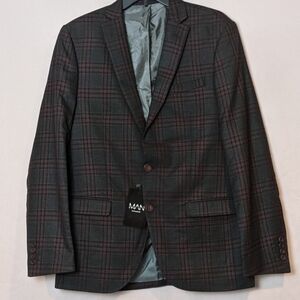 Boohoo Man Bold Check Gray and Red Skinny Fit Suit Jacket size 40